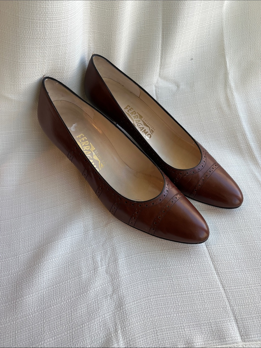 Salvatore Ferragamo Brown Leather Pointed Toe Pumps